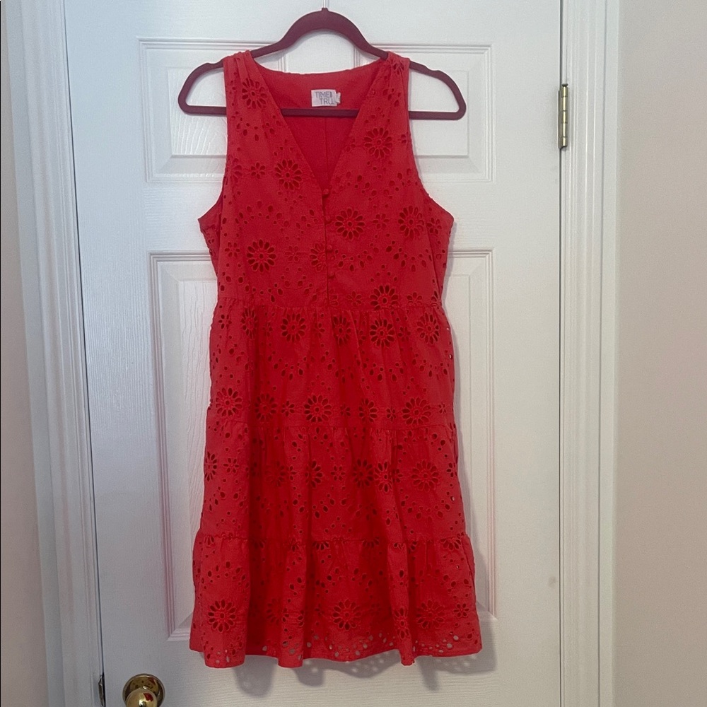 Time and Tru Coral Eyelet Midi Dress